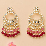 Oversized indian kundan gold tone chandelier earrings with intricate mirror work and pink red bead strands for ethnic wear