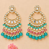 Oversized gold tone kundan chandbali earrings with mirror work turquoise pink bead layers and faux pearl accents for ethnic wear