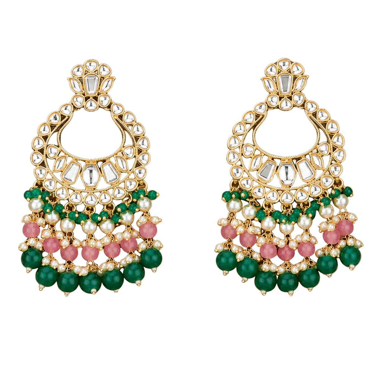Oversized indian kundan chandbali earrings in gold tone with clear stones green and pink beads and faux pearl accents