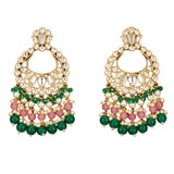 Oversized indian kundan chandbali earrings in gold tone with clear stones green and pink beads and faux pearl accents