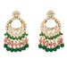 Oversized indian kundan chandbali earrings in gold tone with clear stones green and pink beads and faux pearl accents