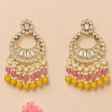 Gold tone oversized Indian kundan chandelier earrings with clear stones pink and yellow beads and white pearls for ethnic wear