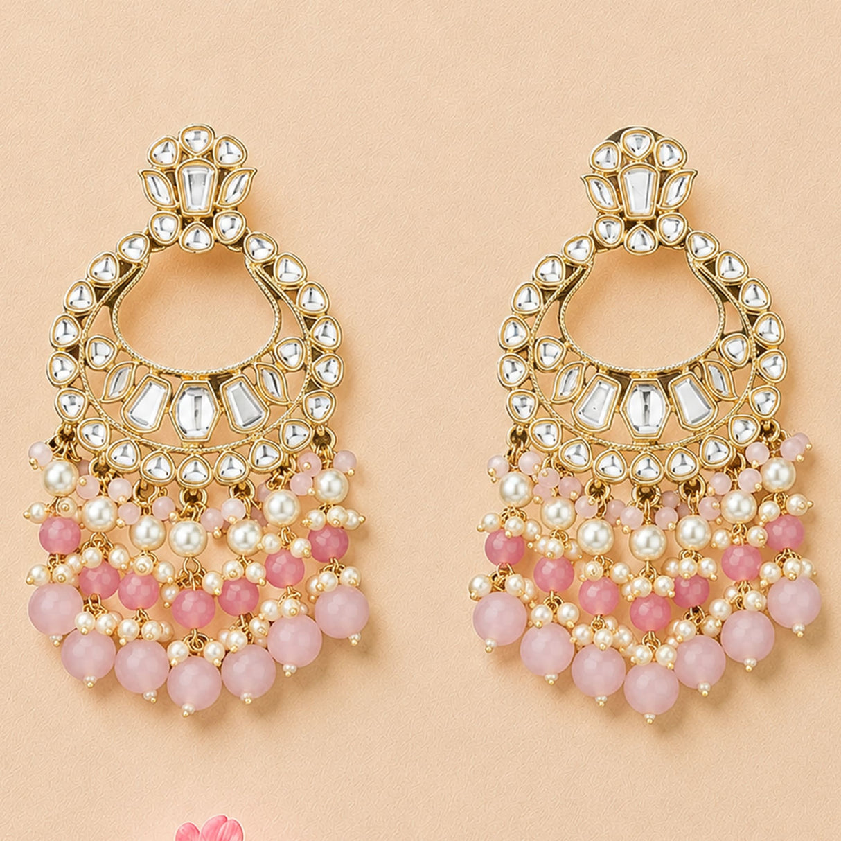 Oversized Indian kundan gold tone chandelier earrings with clear stones pink and white pearls for wedding and ethnic wear