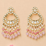 Oversized Indian kundan gold tone chandelier earrings with clear stones pink and white pearls for wedding and ethnic wear