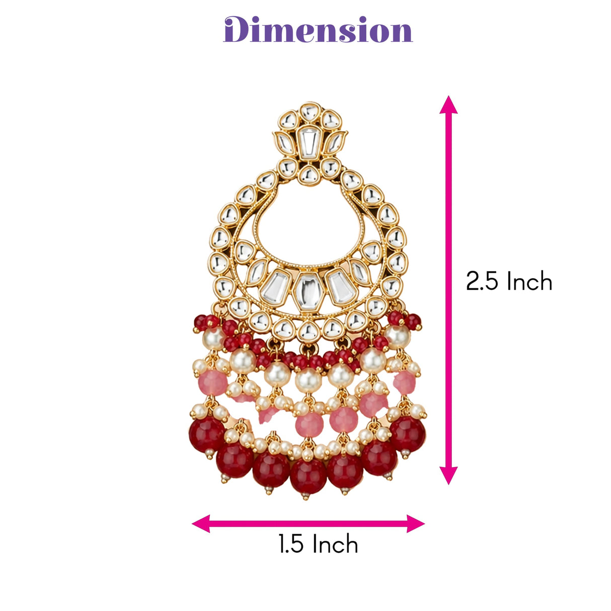 Oversized indian kundan gold tone chandelier earring with clear pink stones red beads and pearl accents for ethnic wear