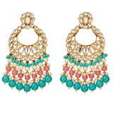 Oversized Indian kundan and faux pearls gold tone chandelier earrings with clear stones turquoise and pink beads for ethnic wear