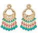 Oversized Indian kundan and faux pearls gold tone chandelier earrings with clear stones turquoise and pink beads for ethnic wear