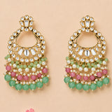 Oversized indian kundan gold tone chandelier earrings with intricate mirror work, mint green and pink beads, faux pearls