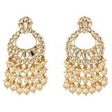 Oversized gold tone Kundan chandelier earrings with intricate mirror work and cascading cream faux pearls for ethnic wear