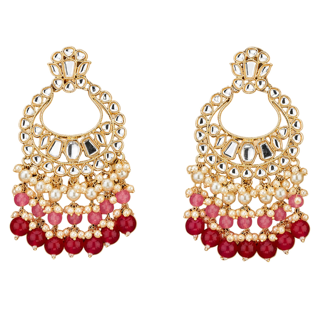 Gold-toned oversized Indian kundan chandelier earrings with mirror work cream pearls and pink to red beads for Diwali and weddings
