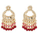Gold-toned oversized Indian kundan chandelier earrings with mirror work cream pearls and pink to red beads for Diwali and weddings