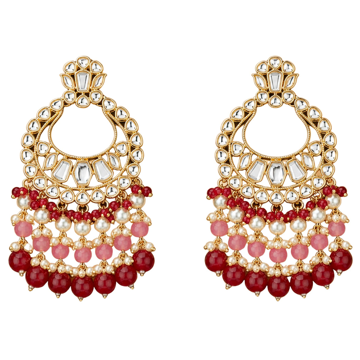 Oversized Indian kundan gold tone chandelier earrings with clear stones pink red beads and faux pearl accents for ethnic wear