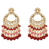 Oversized Indian kundan gold tone chandelier earrings with clear stones pink red beads and faux pearl accents for ethnic wear