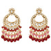 Oversized Indian kundan gold tone chandelier earrings with clear stones pink red beads and faux pearl accents for ethnic wear