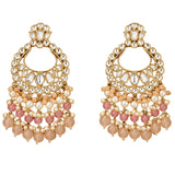 Oversized Indian kundan gold tone chandelier earrings with clear stones pink peach beads and pearl accents for ethnic wear