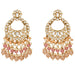 Oversized Indian kundan gold tone chandelier earrings with clear stones pink peach beads and pearl accents for ethnic wear