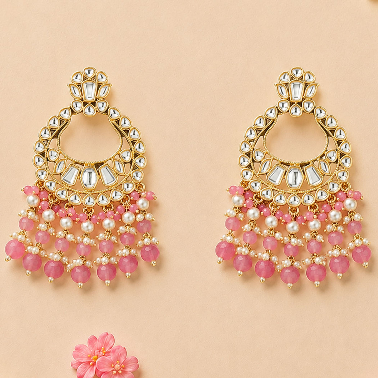 Elegant oversized gold tone chandbali stud earrings with kundan stones pink opal beads and faux pearls for ethnic wear