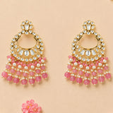 Elegant oversized gold tone chandbali stud earrings with kundan stones pink opal beads and faux pearls for ethnic wear