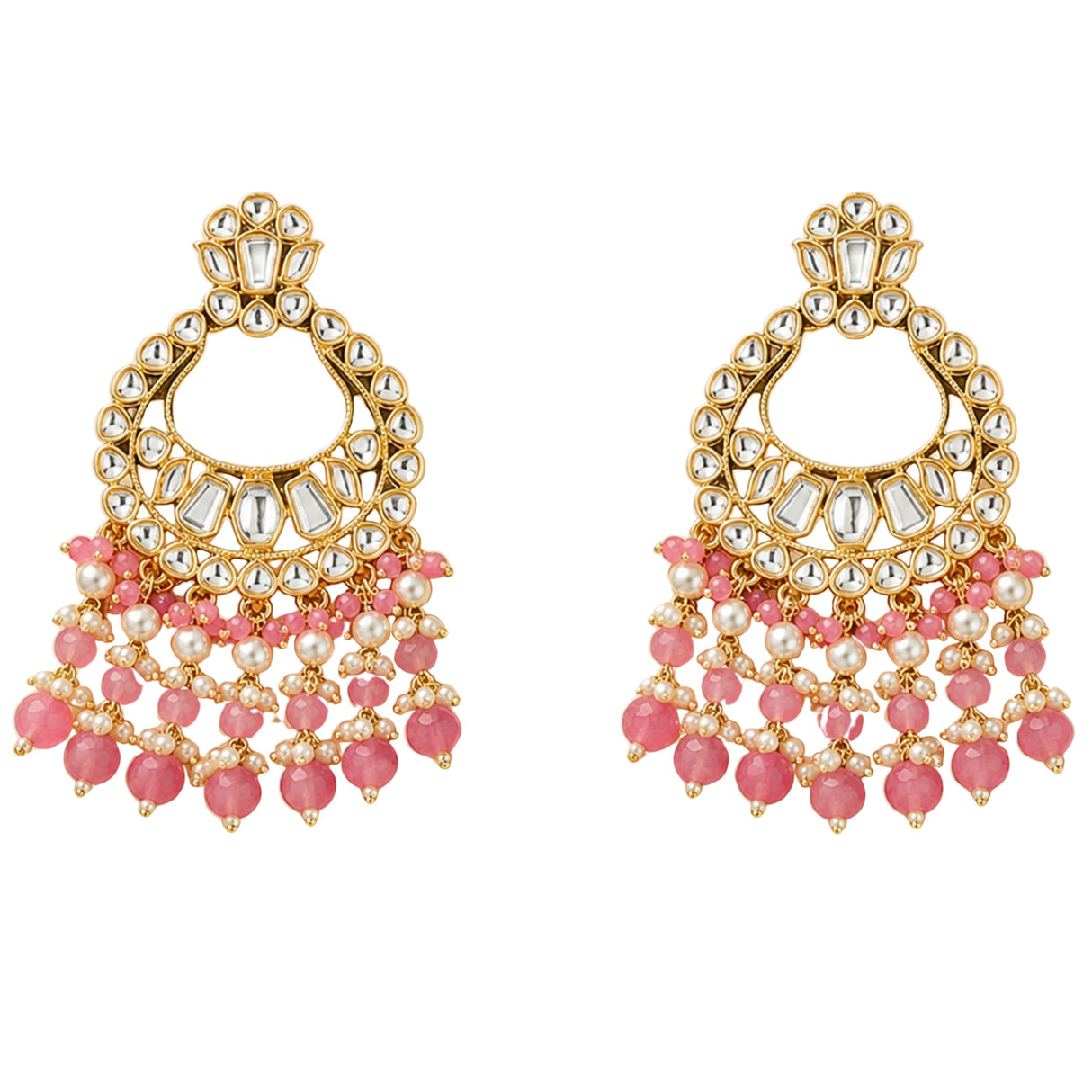 Oversized Indian kundan gold tone chandelier earrings with clear stones pink beads and faux pearls for ethnic wear