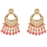 Oversized Indian kundan gold tone chandelier earrings with clear stones pink beads and faux pearls for ethnic wear