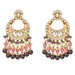 Oversized Indian kundan gold tone chandelier earrings with clear stones pink purple beads pearls and gray gems for ethnic wear