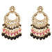 Oversized gold tone kundan chandelier earrings with clear pink stones black beads and white pearls for wedding and ethnic wear