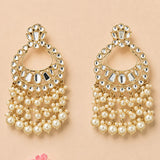 Gold tone oversized Indian kundan chandelier earrings with intricate mirror and faux pearl details for ethnic wear