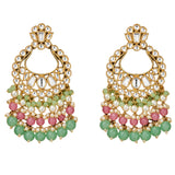 Gold tone oversized kundan chandbali earrings with clear stones pink and green beads and faux pearl accents for ethnic wear