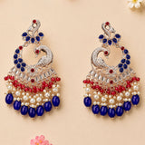 Elegant oversized Indian peacock kundan chandelier earrings with silver filigree, blue and red gemstones, pearls, and beads