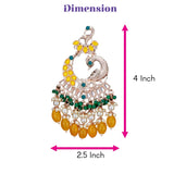 Oversized indian peacock kundan earrings with silver tone frame yellow green gemstones white pearls and orange beads for weddings