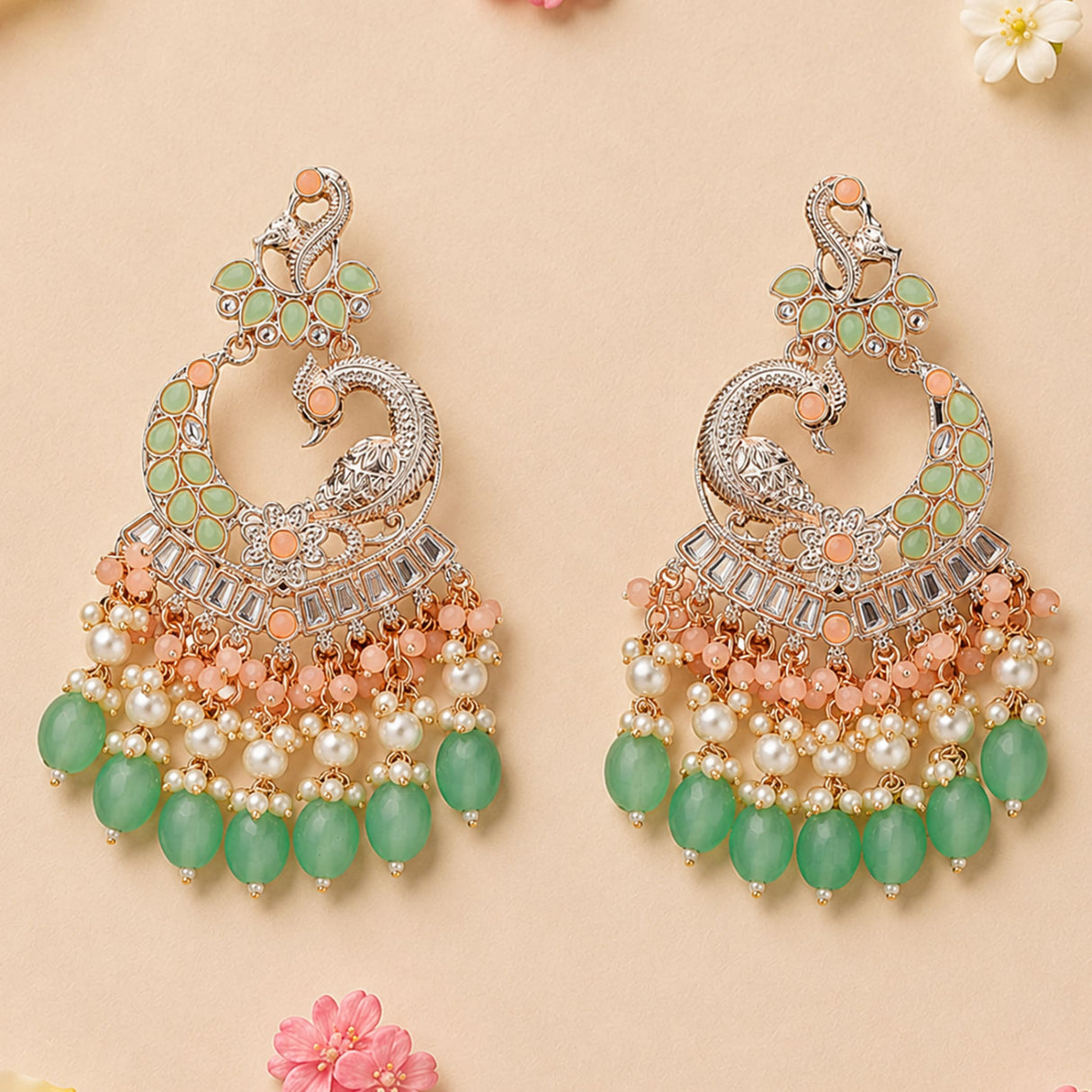 Delicate silver oversized indian peacock jhumka earrings with mint green peach stones pearls and clear crystals for ethnic wear