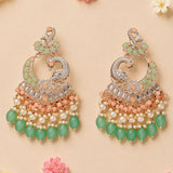 Delicate silver oversized indian peacock jhumka earrings with mint green peach stones pearls and clear crystals for ethnic wear