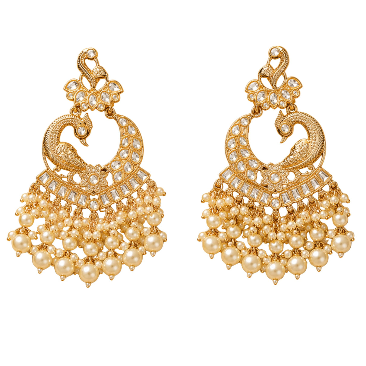 Oversized gold tone peacock kundan chandelier earrings with clear crystals and cascading cream faux pearls for ethnic wear