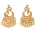 Oversized gold tone peacock kundan chandelier earrings with clear crystals and cascading cream faux pearls for ethnic wear