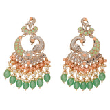 Delicate rose gold peacock chandelier earrings with mint green peach beads pearls clear stones for Diwali and weddings