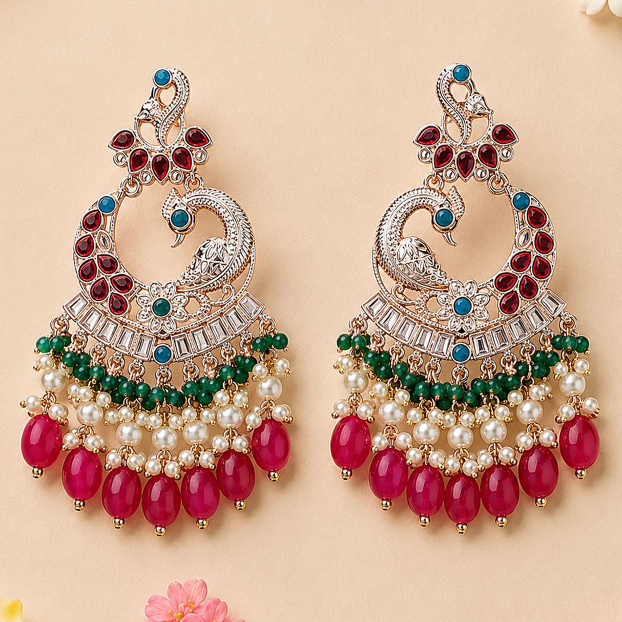 Oversized silver peacock-themed kundan chandelier earrings with red green blue gemstones and pink beads for ethnic wear