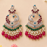 Oversized silver peacock-themed kundan chandelier earrings with red green blue gemstones and pink beads for ethnic wear