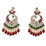 Elegant oversized Indian peacock kundan earrings with silver tone, red and green gemstones, faux pearls, and teardrop beads