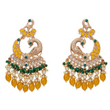 Oversized Indian peacock Kundan chandelier earrings with yellow green beads pearls and clear crystals for ethnic wear