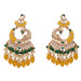 Oversized Indian peacock Kundan chandelier earrings with yellow green beads pearls and clear crystals for ethnic wear