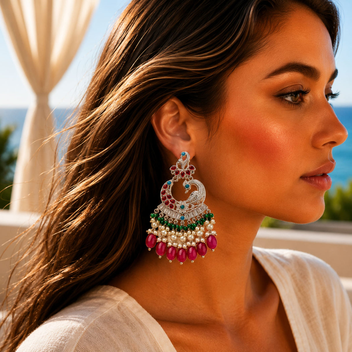 A vibrant oversized Indian peacock kundan earring with red green gemstones pearls and silver tone metalwork for ethnic wear
