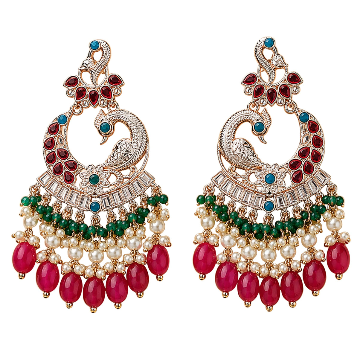 Oversized indian peacock kundan chandelier earrings in gold tone with red green blue gemstones and faux pearls for weddings