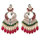 Oversized indian peacock kundan chandelier earrings in gold tone with red green blue gemstones and faux pearls for weddings