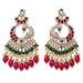 Oversized indian peacock kundan chandelier earrings in gold tone with red green blue gemstones and faux pearls for weddings