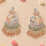 Silver oversized peacock-shaped kundan jhumka earrings with peach and mint stones pearls for wedding and ethnic wear
