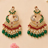 Oversized Indian peacock kundan chandelier earrings in gold and silver with green red and white beads for ethnic wear