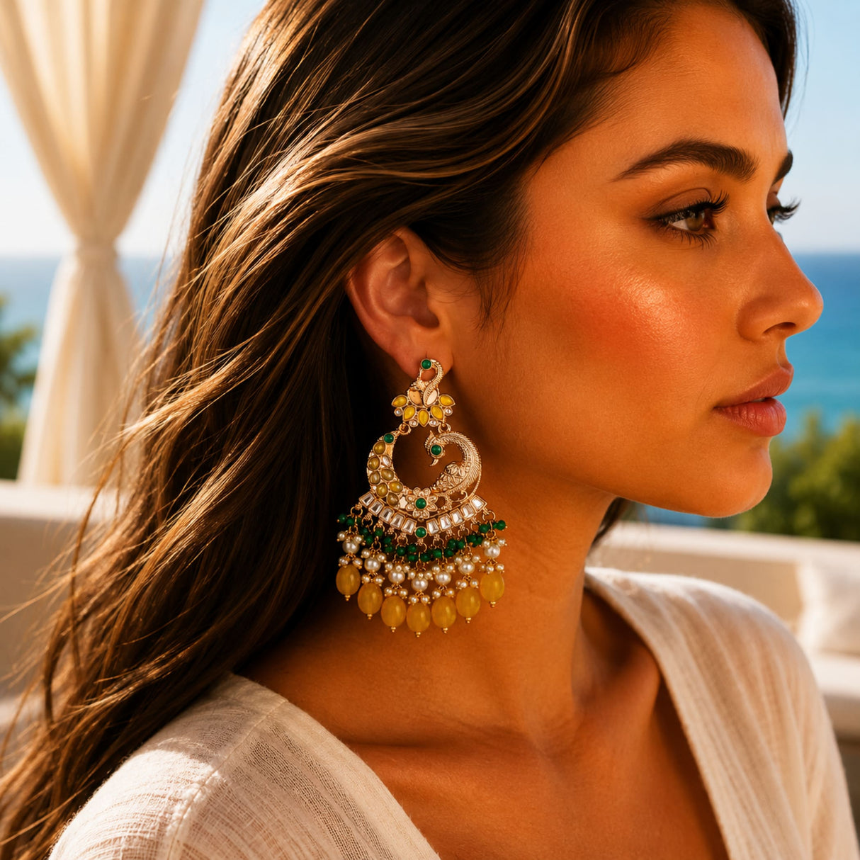 Oversized gold tone Indian peacock kundan earrings with green yellow gemstones pearls for Diwali wedding ethnic wear