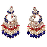 Elegant oversized indian peacock kundan earrings in gold tone with blue red gemstones pearls and faceted beads for ethnic wear