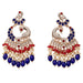 Elegant oversized indian peacock kundan earrings in gold tone with blue red gemstones pearls and faceted beads for ethnic wear