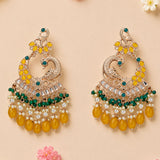 Oversized indian peacock kundan chandelier earrings in gold tone with yellow green beads pearls and clear stones for ethnic wear